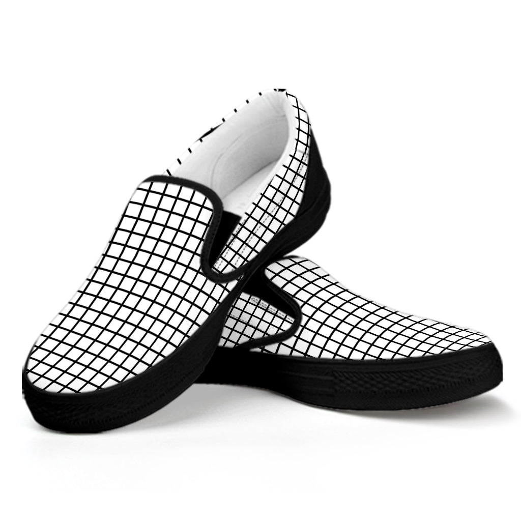 Black And White Windowpane Pattern Print Black Slip On Shoes