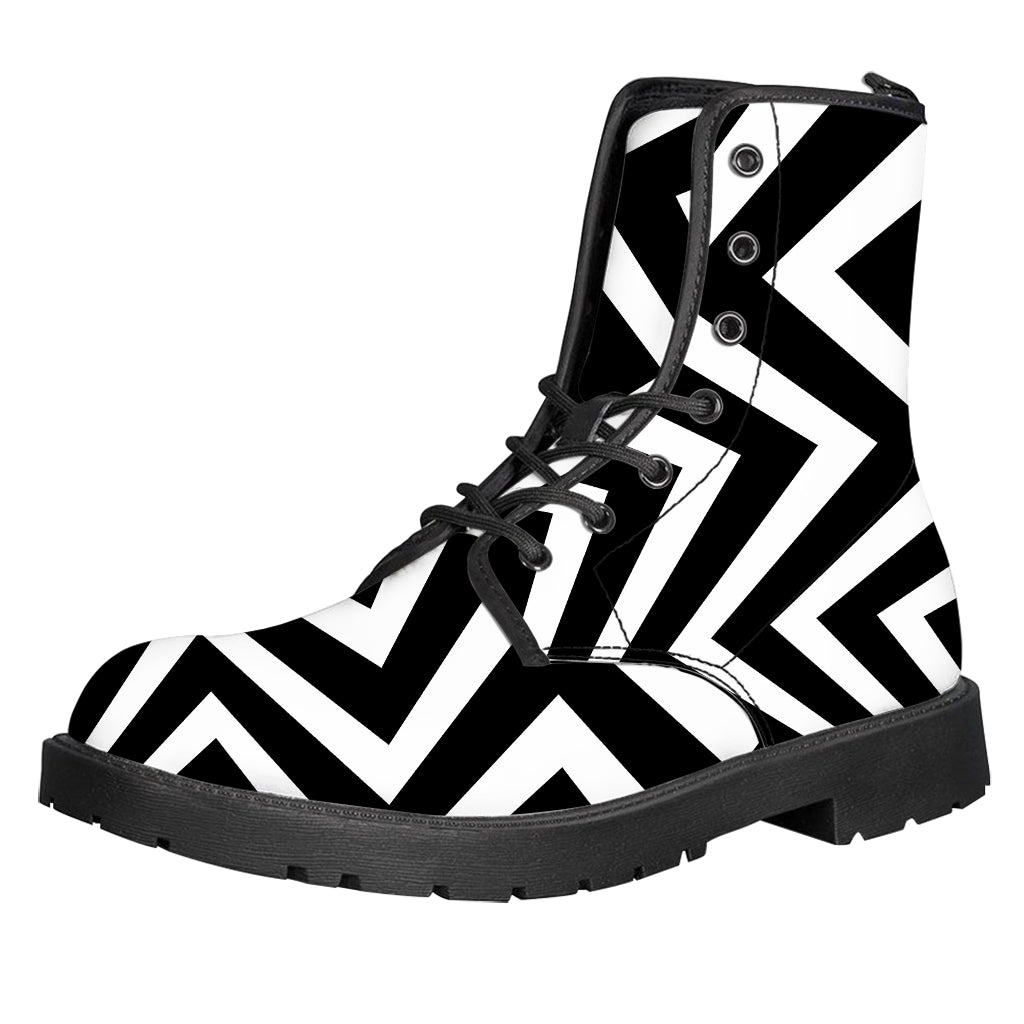 Black And White Zigzag Dazzle Print Leather Boots