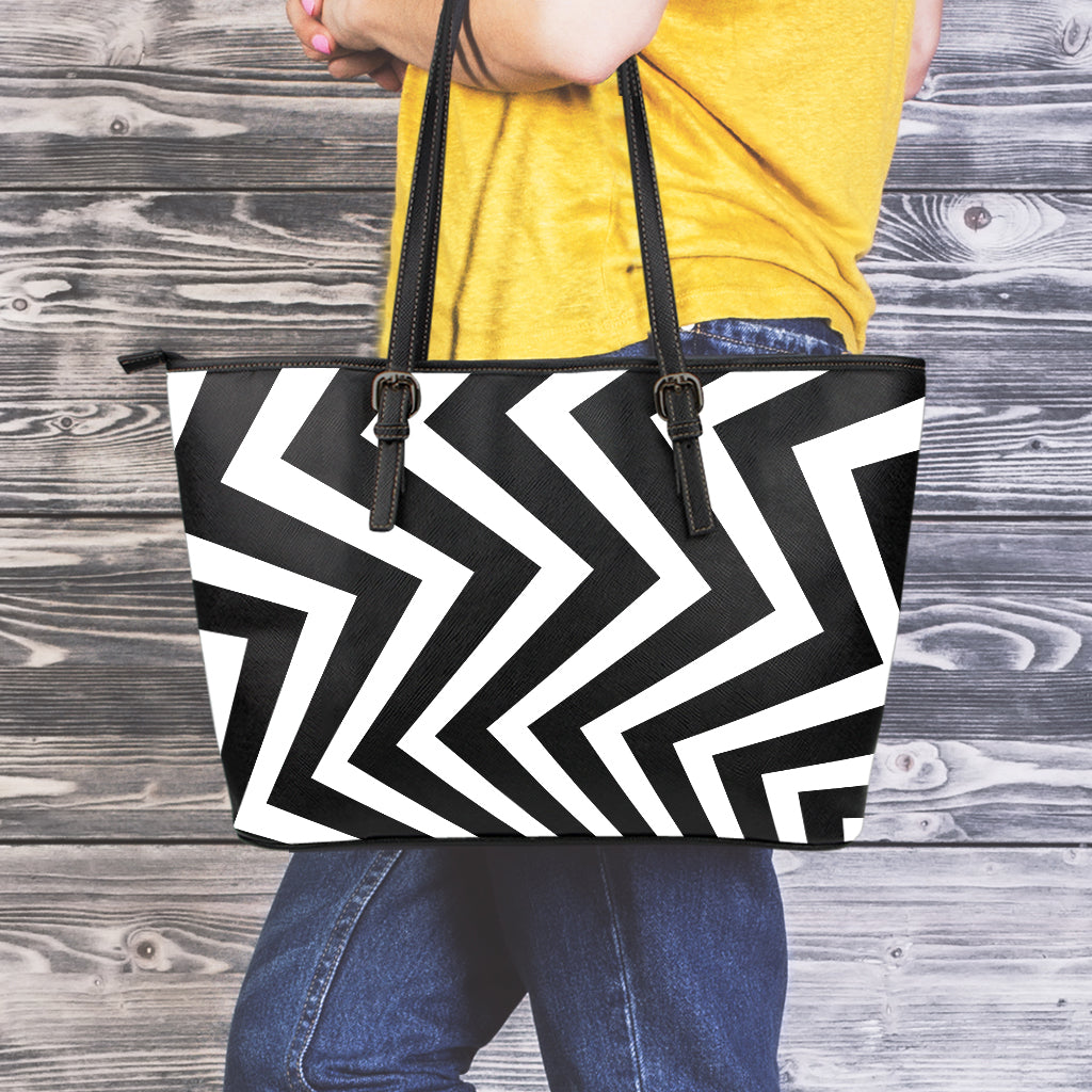 Black And White Zigzag Dazzle Print Leather Tote Bag