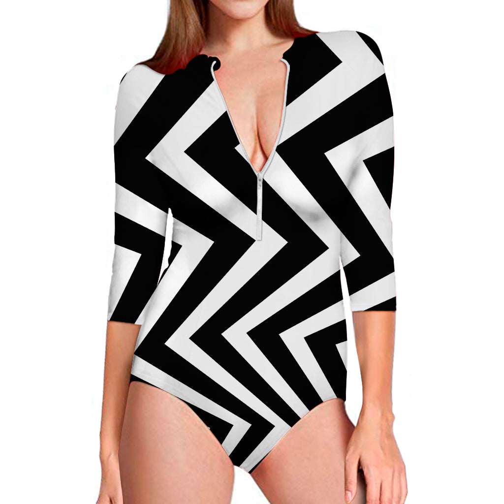 Black And White Zigzag Dazzle Print Long Sleeve One Piece Swimsuit