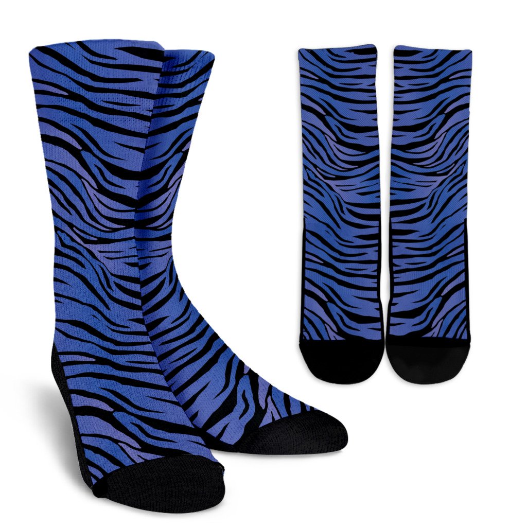 Black Blue Zebra Pattern Print Crew Socks
