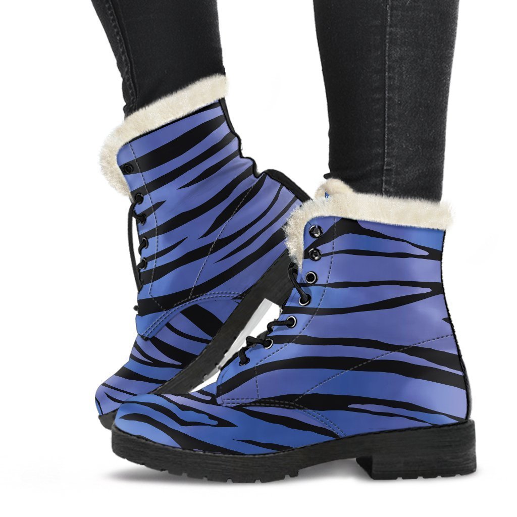 Black Blue Zebra Pattern Print Faux Fur Leather Boots