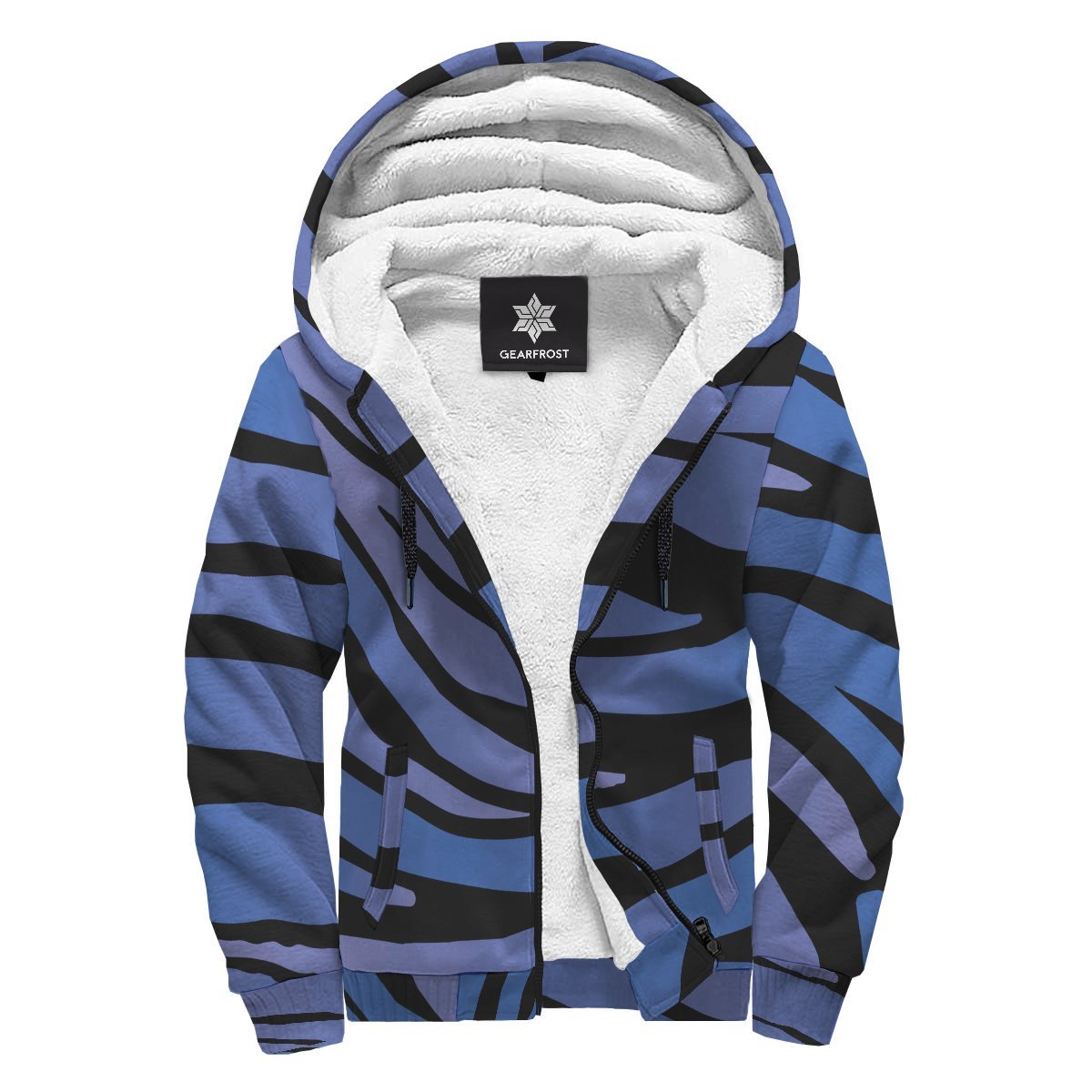 Black Blue Zebra Pattern Print Sherpa Lined Fleece Hoodie