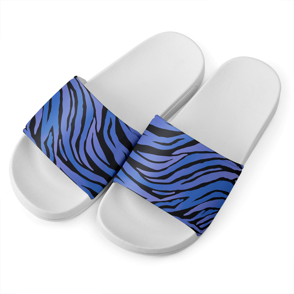 Black Blue Zebra Pattern Print White Slide Sandals