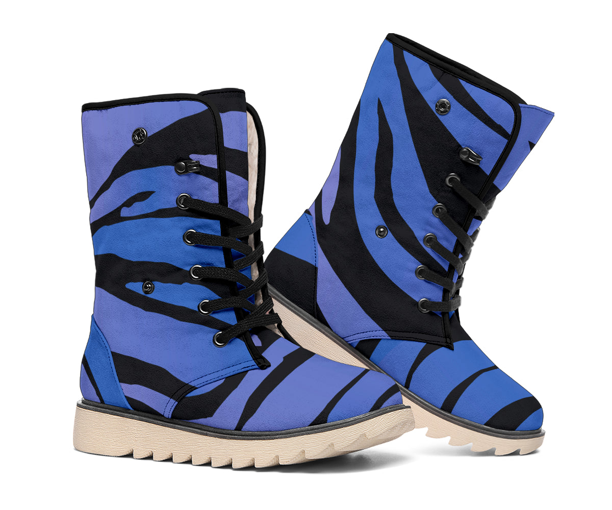 Black Blue Zebra Pattern Print Winter Boots