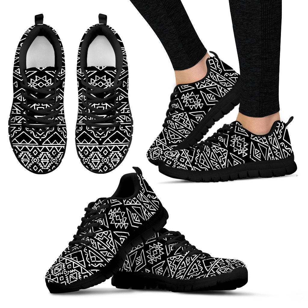 Black Ethnic Aztec Pattern Print Women's Sneakers