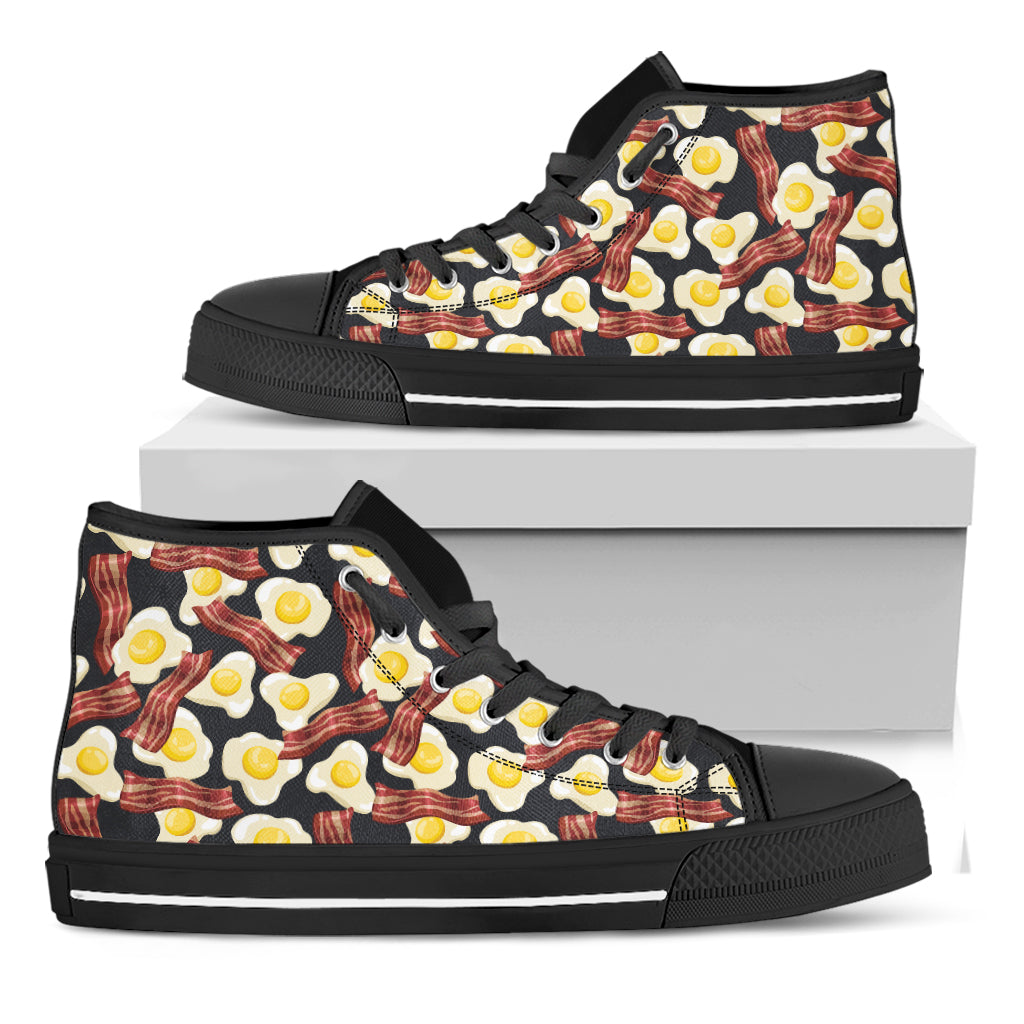 Black Fried Egg And Bacon Pattern Print Black High Top Shoes