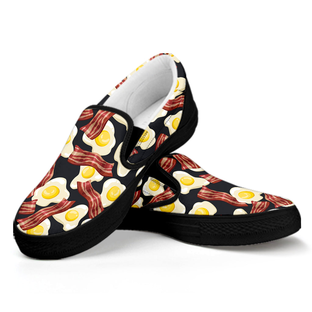 Black Fried Egg And Bacon Pattern Print Black Slip On Shoes