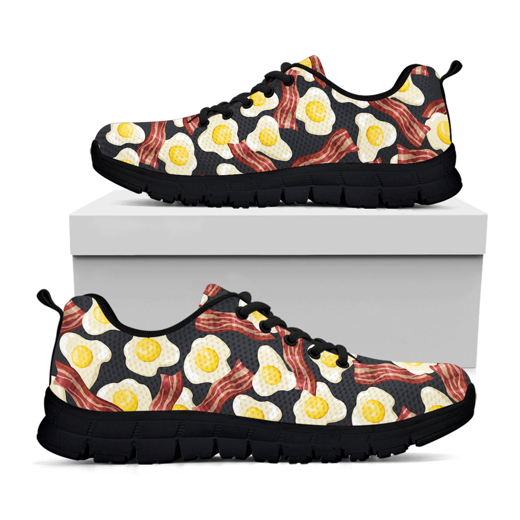 Black Fried Egg And Bacon Pattern Print Black Sneakers