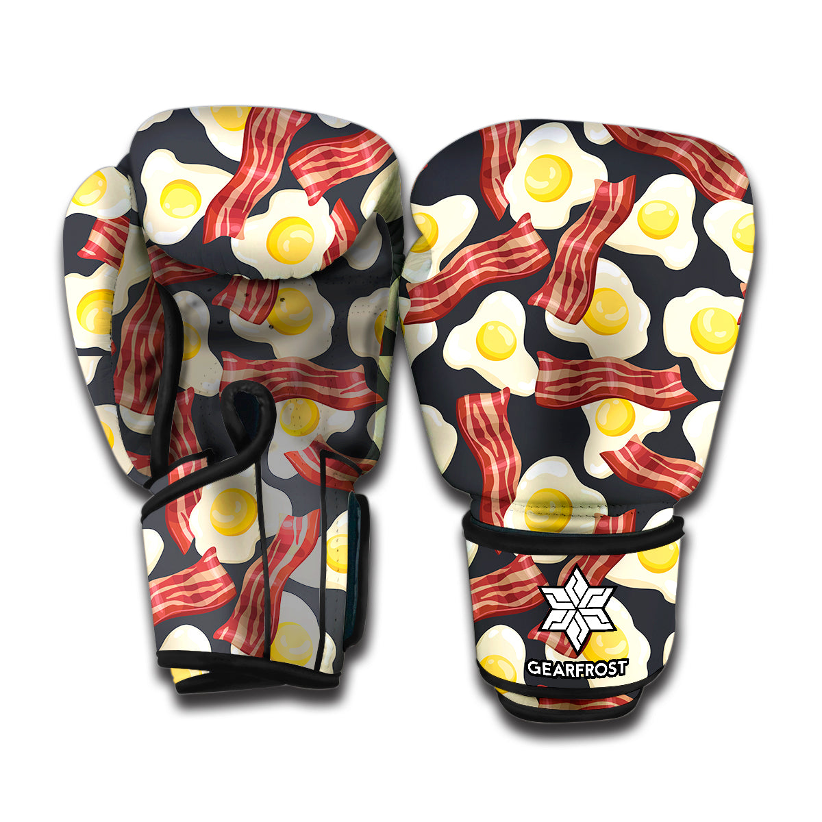 Black Fried Egg And Bacon Pattern Print Boxing Gloves