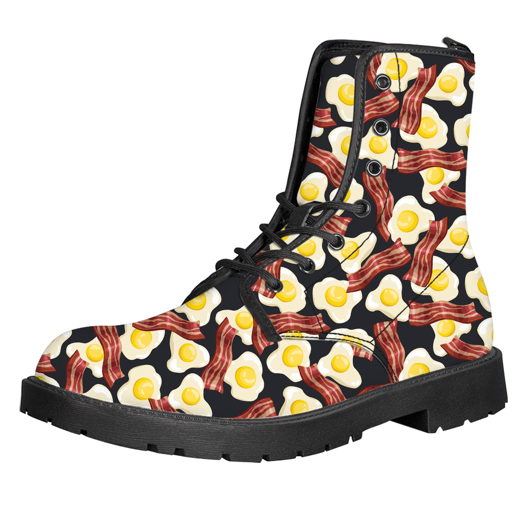 Black Fried Egg And Bacon Pattern Print Leather Boots