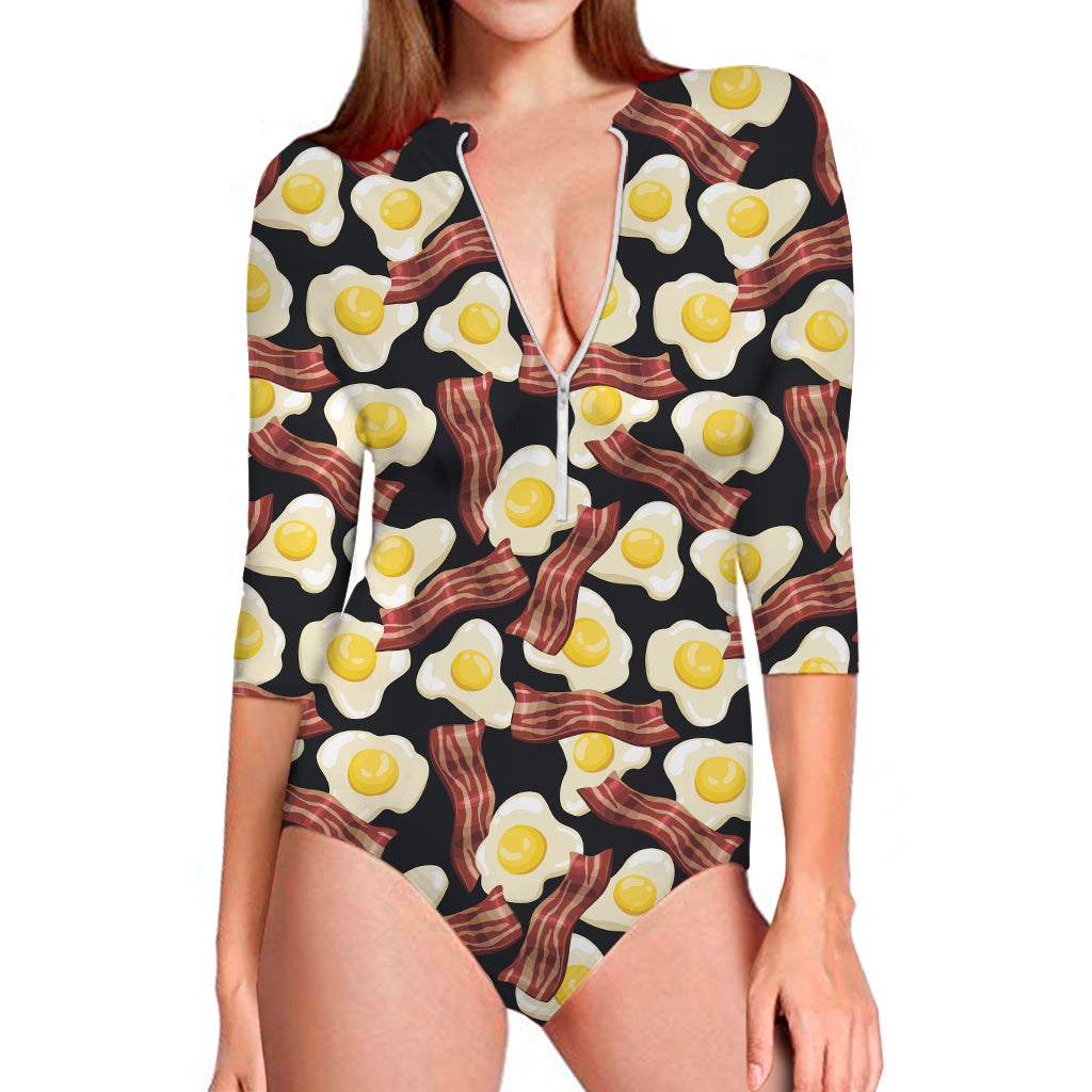 Black Fried Egg And Bacon Pattern Print Long Sleeve One Piece Swimsuit