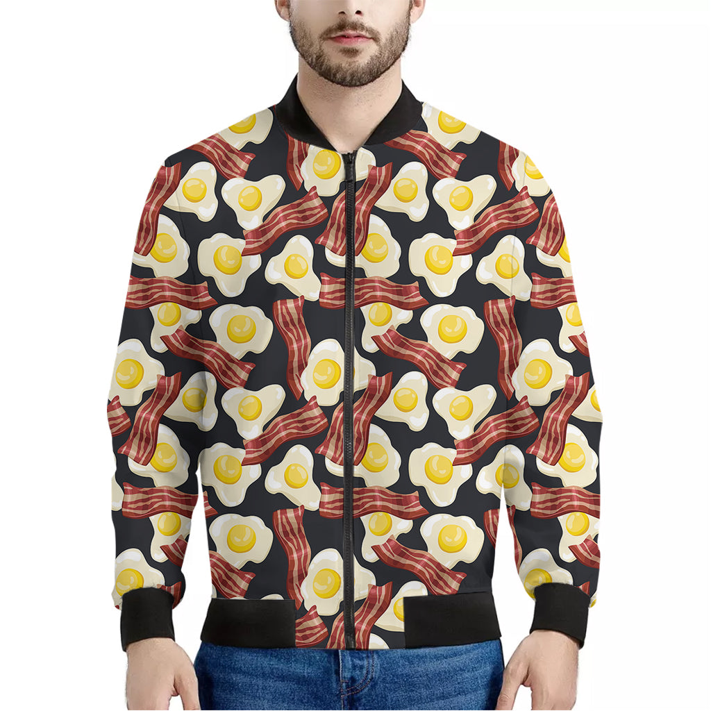 Black Fried Egg And Bacon Pattern Print Men's Bomber Jacket