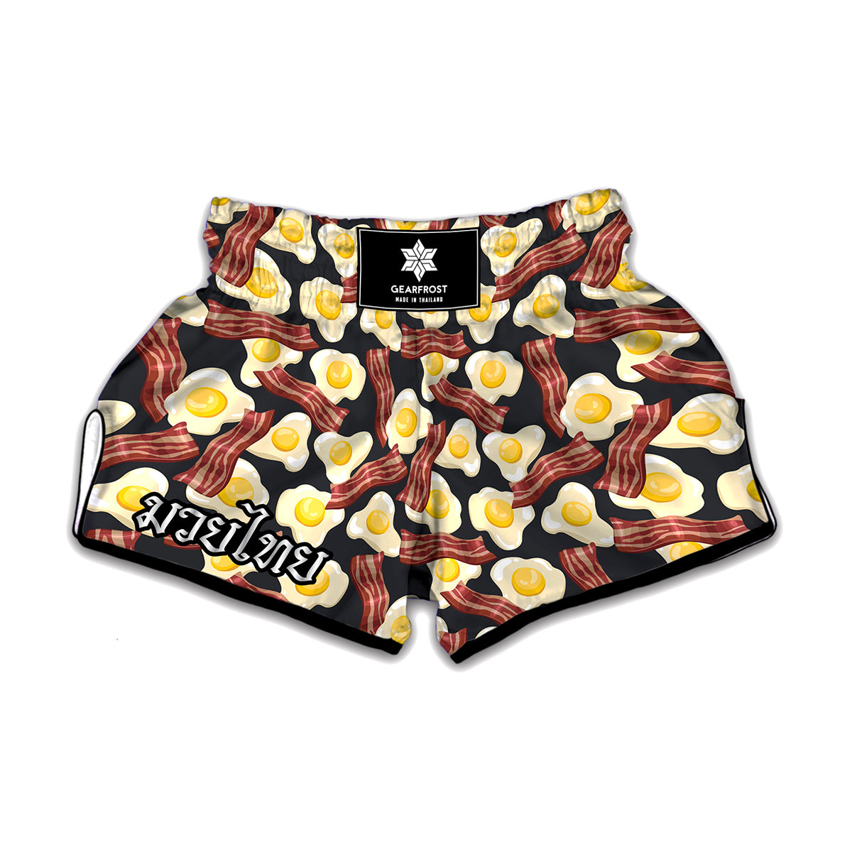 Black Fried Egg And Bacon Pattern Print Muay Thai Boxing Shorts