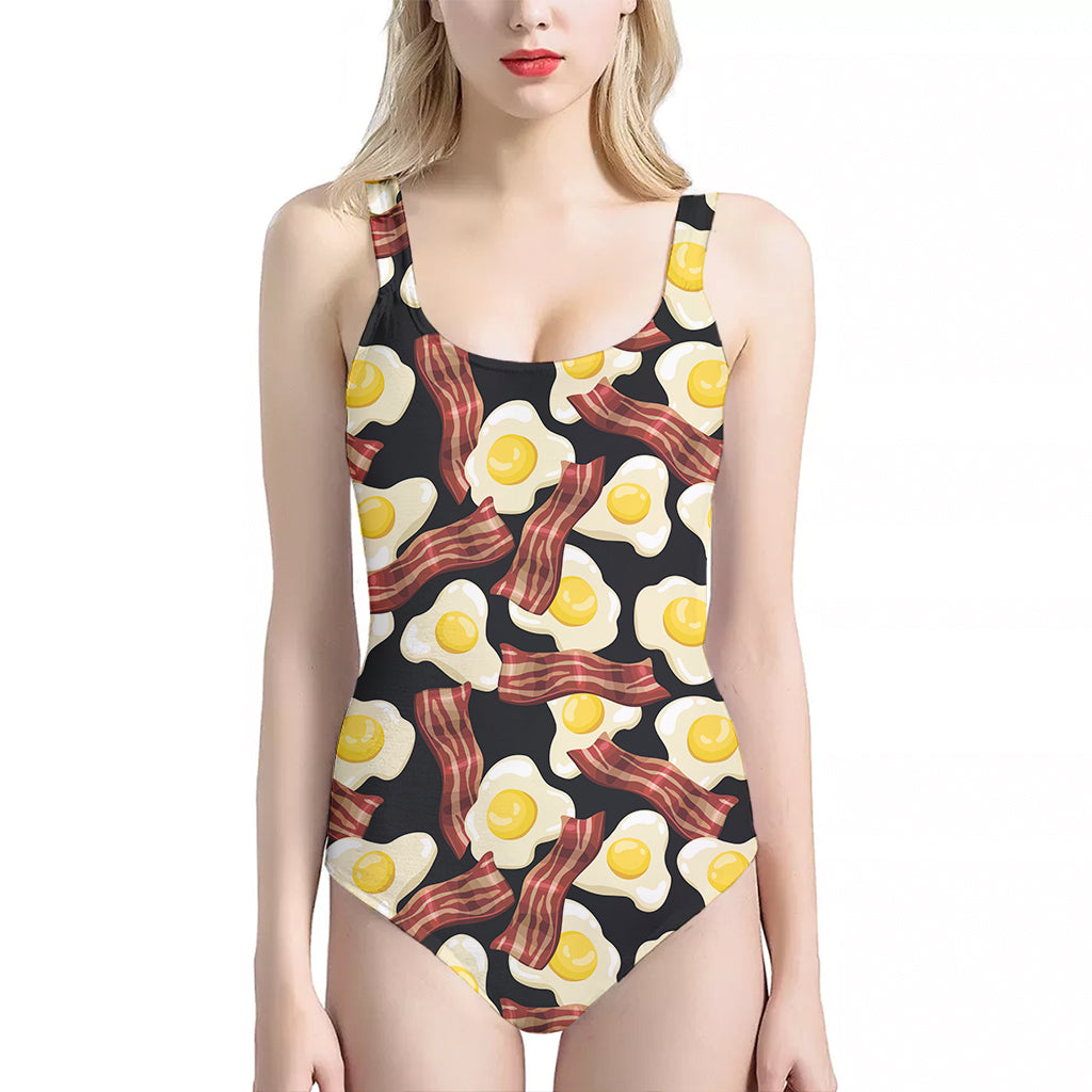 Black Fried Egg And Bacon Pattern Print One Piece Halter Neck Swimsuit