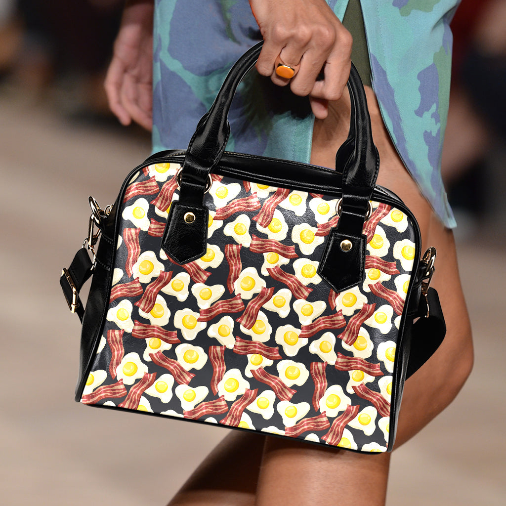 Black Fried Egg And Bacon Pattern Print Shoulder Handbag
