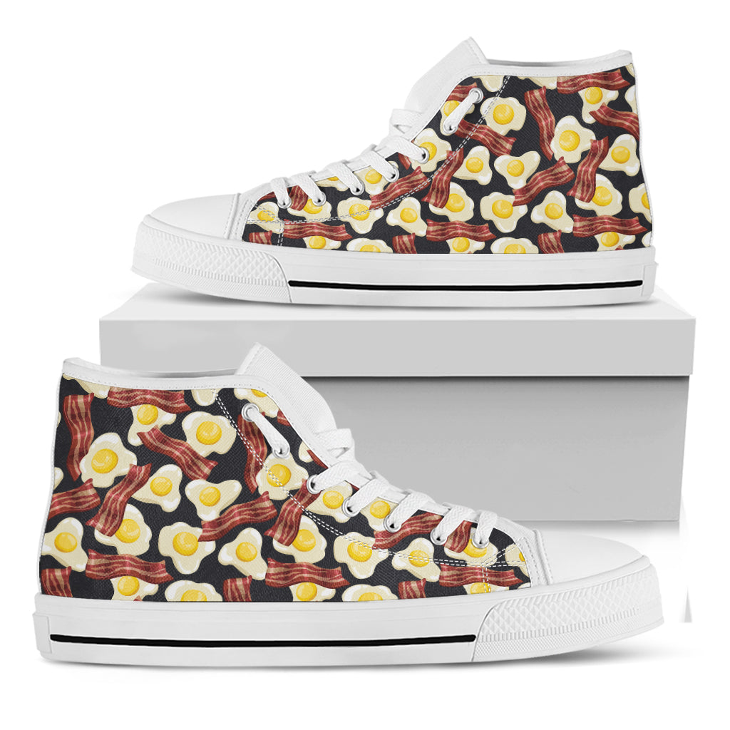 Black Fried Egg And Bacon Pattern Print White High Top Shoes