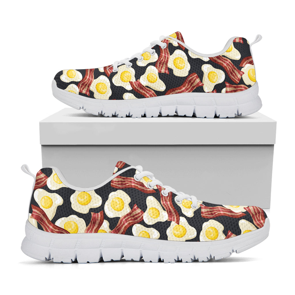 Black Fried Egg And Bacon Pattern Print White Sneakers