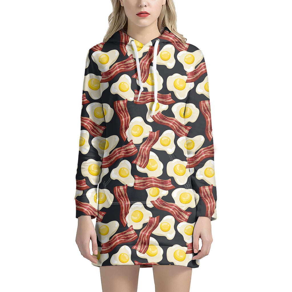 Black Fried Egg And Bacon Pattern Print Women's Pullover Hoodie Dress