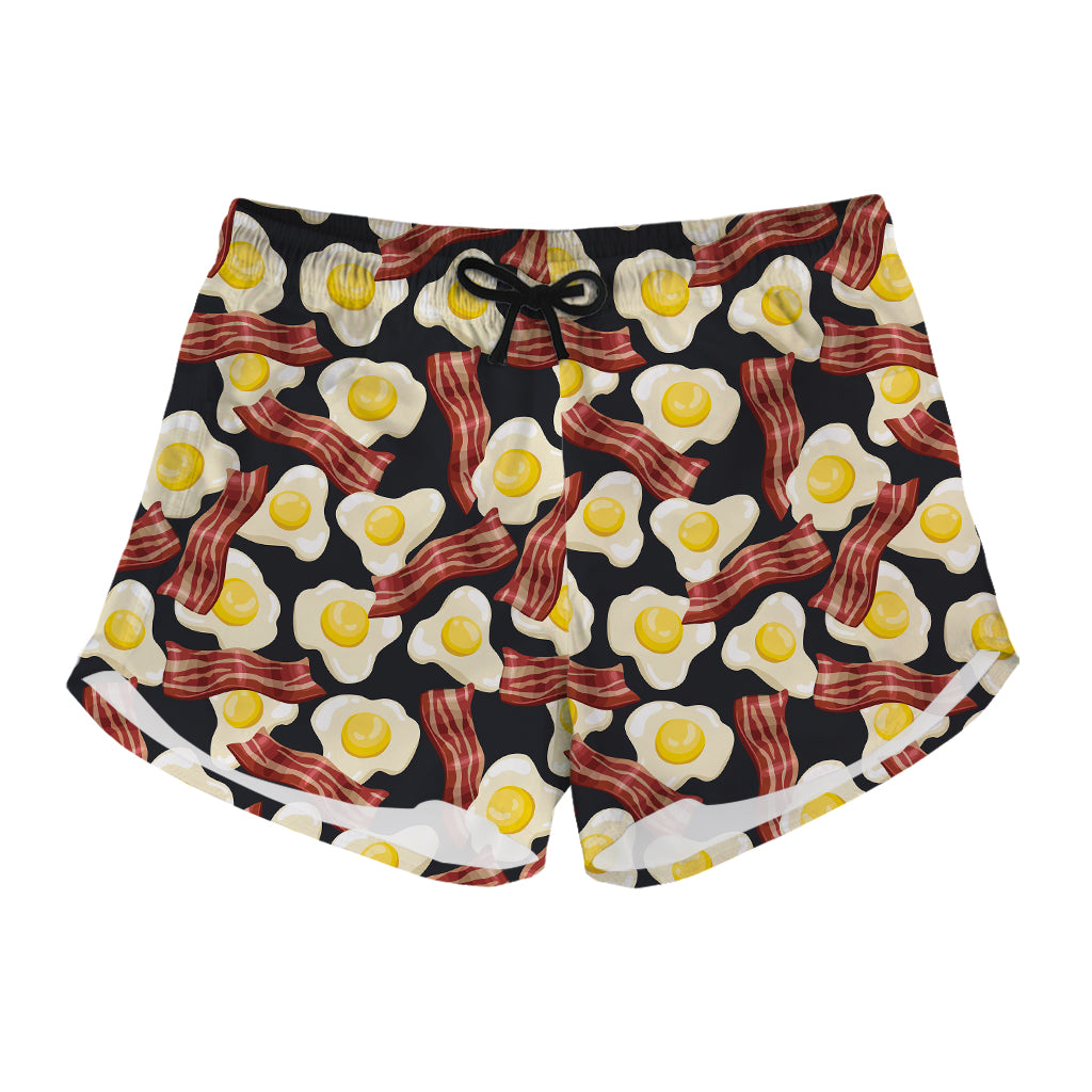 Black Fried Egg And Bacon Pattern Print Women's Shorts
