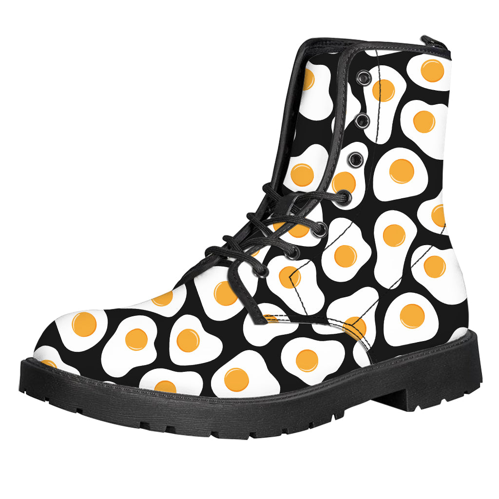 Black Fried Eggs Pattern Print Leather Boots