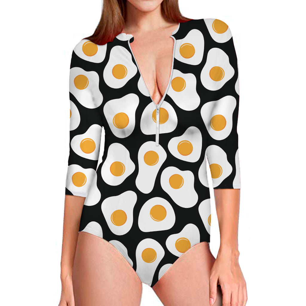Black Fried Eggs Pattern Print Long Sleeve One Piece Swimsuit