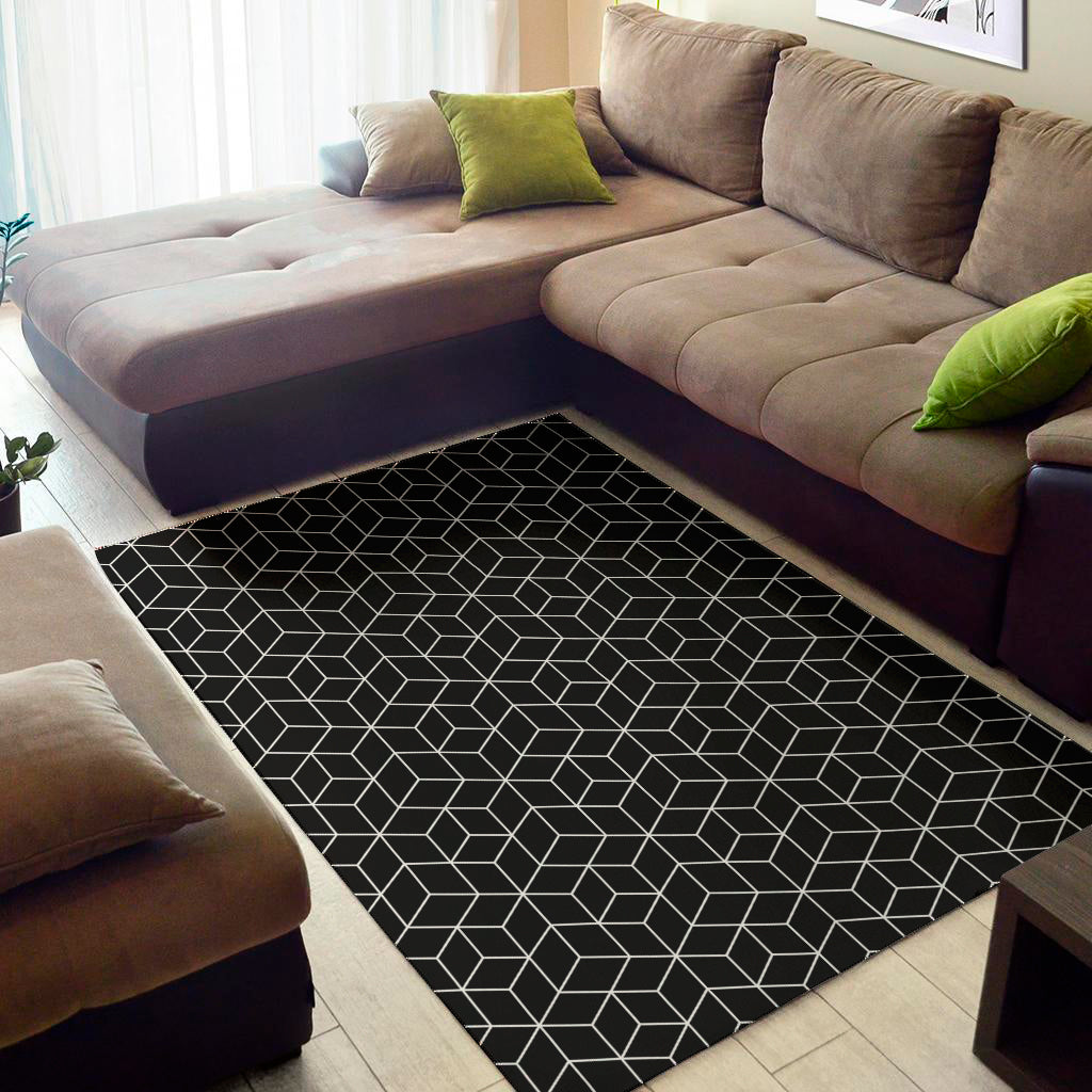 Black Geometric Cube Shape Pattern Print Area Rug