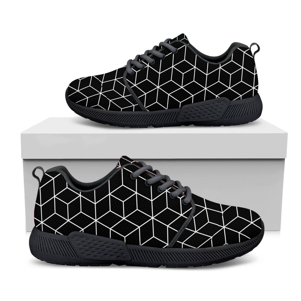 Black Geometric Cube Shape Pattern Print Black Athletic Shoes