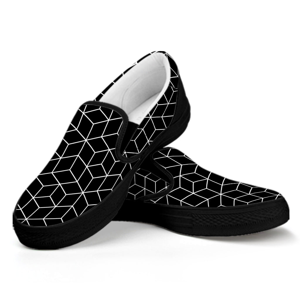 Black Geometric Cube Shape Pattern Print Black Slip On Shoes