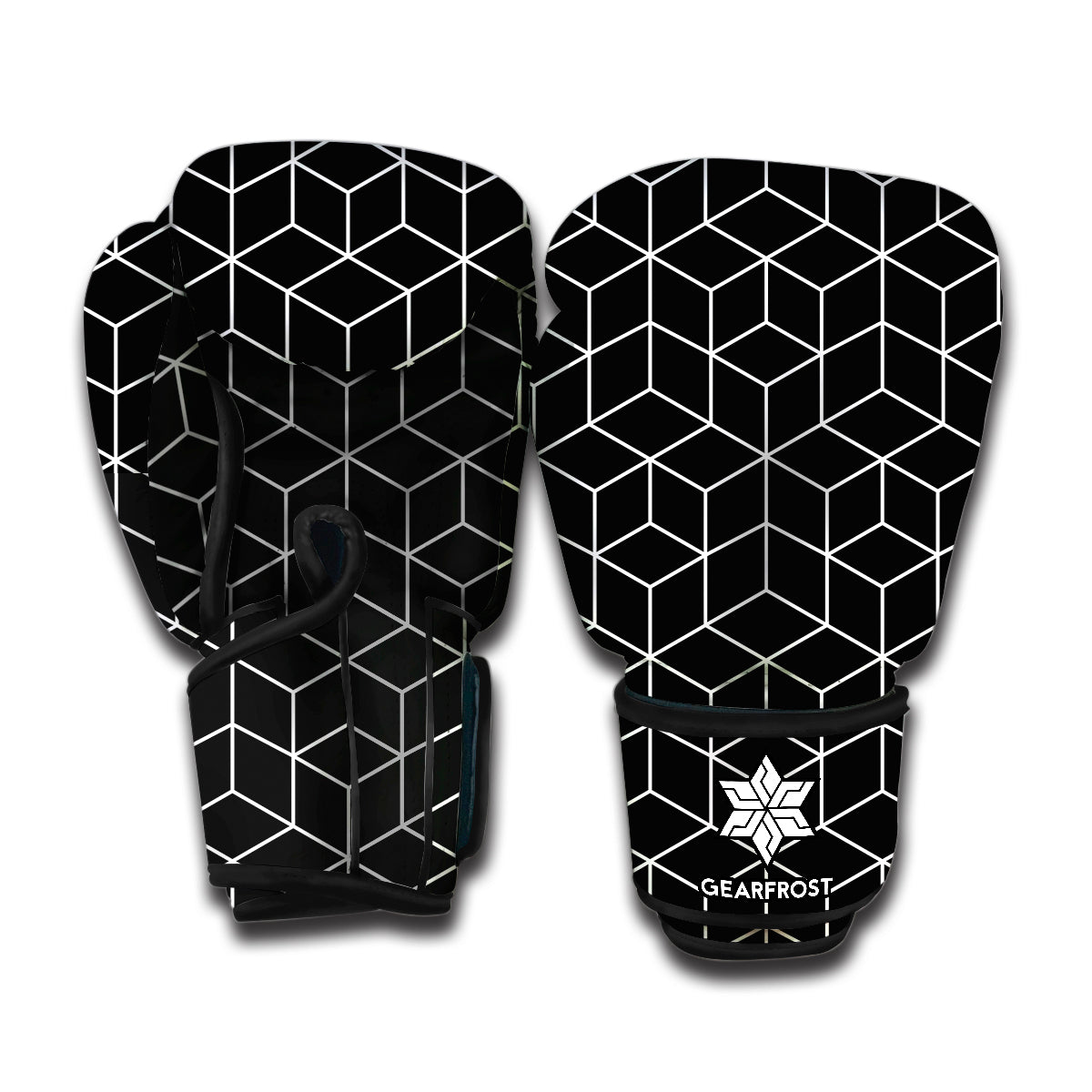 Black Geometric Cube Shape Pattern Print Boxing Gloves