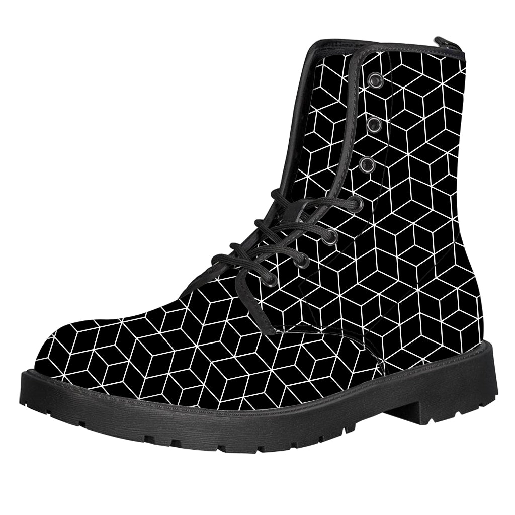 Black Geometric Cube Shape Pattern Print Leather Boots