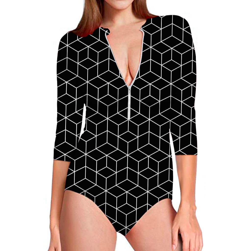 Black Geometric Cube Shape Pattern Print Long Sleeve One Piece Swimsuit