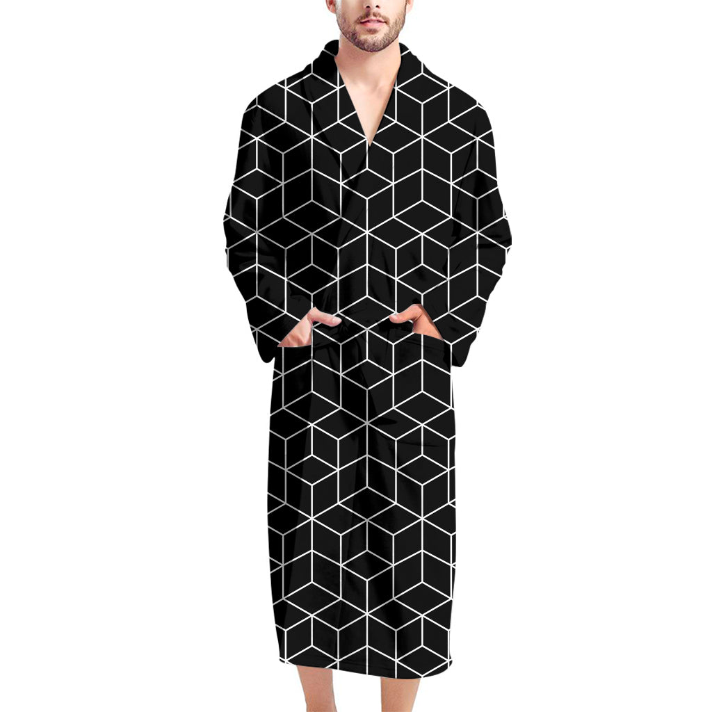 Black Geometric Cube Shape Pattern Print Men's Bathrobe