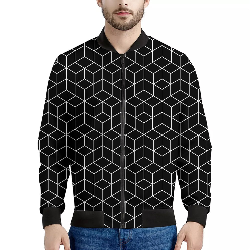 Black Geometric Cube Shape Pattern Print Men's Bomber Jacket