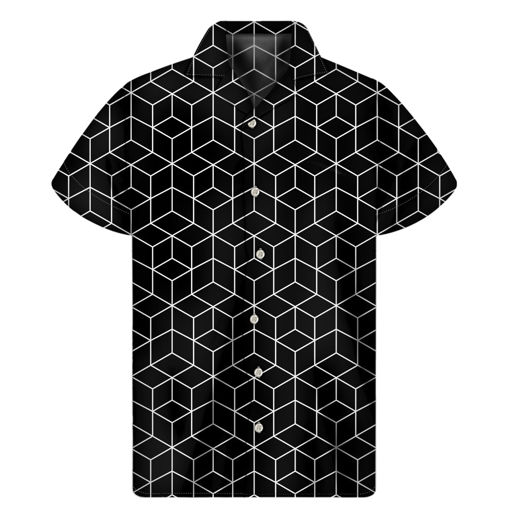 Black Geometric Cube Shape Pattern Print Men's Short Sleeve Shirt