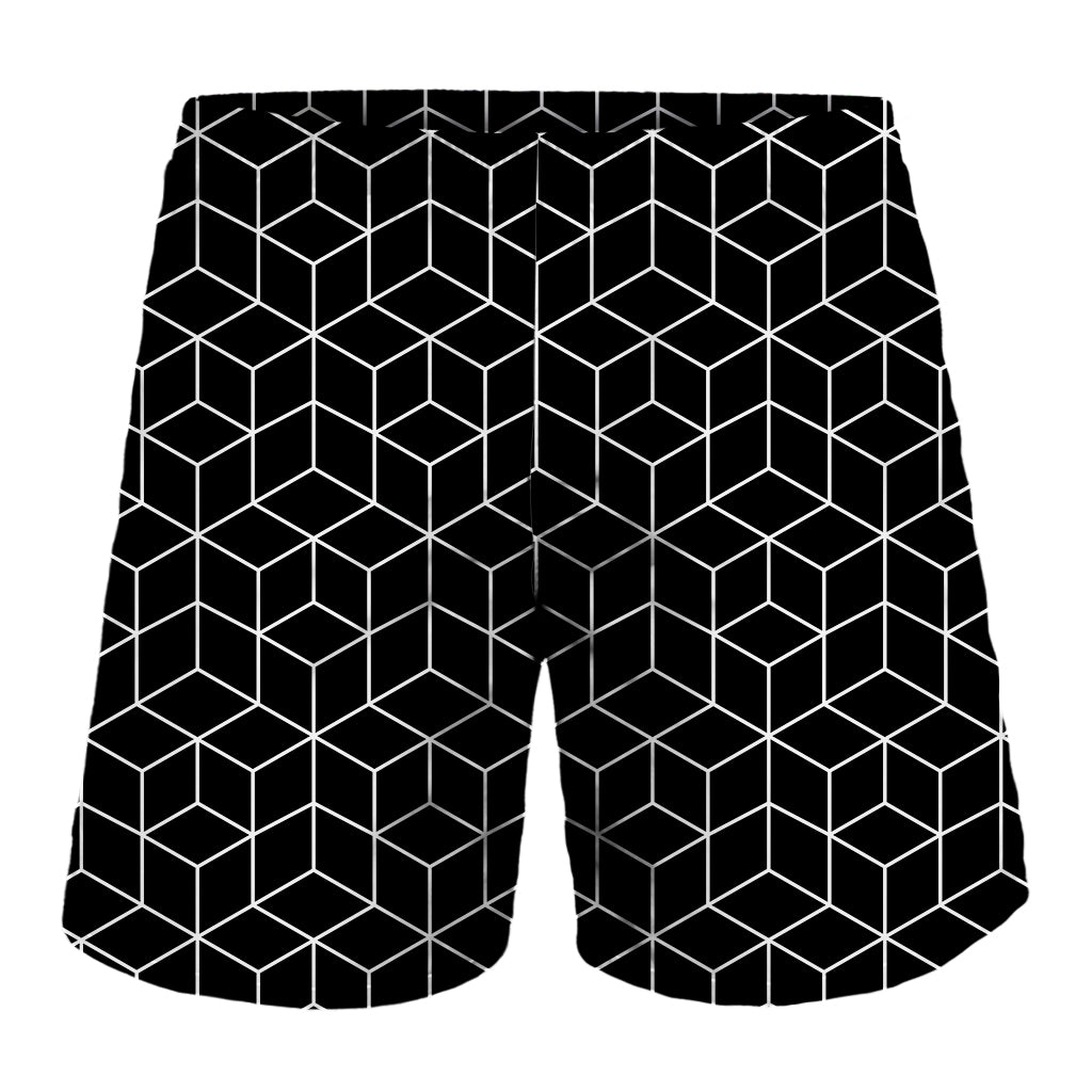 Black Geometric Cube Shape Pattern Print Men's Shorts