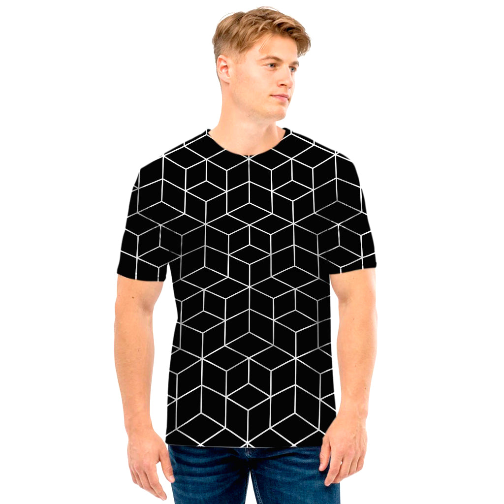 Black Geometric Cube Shape Pattern Print Men's T-Shirt