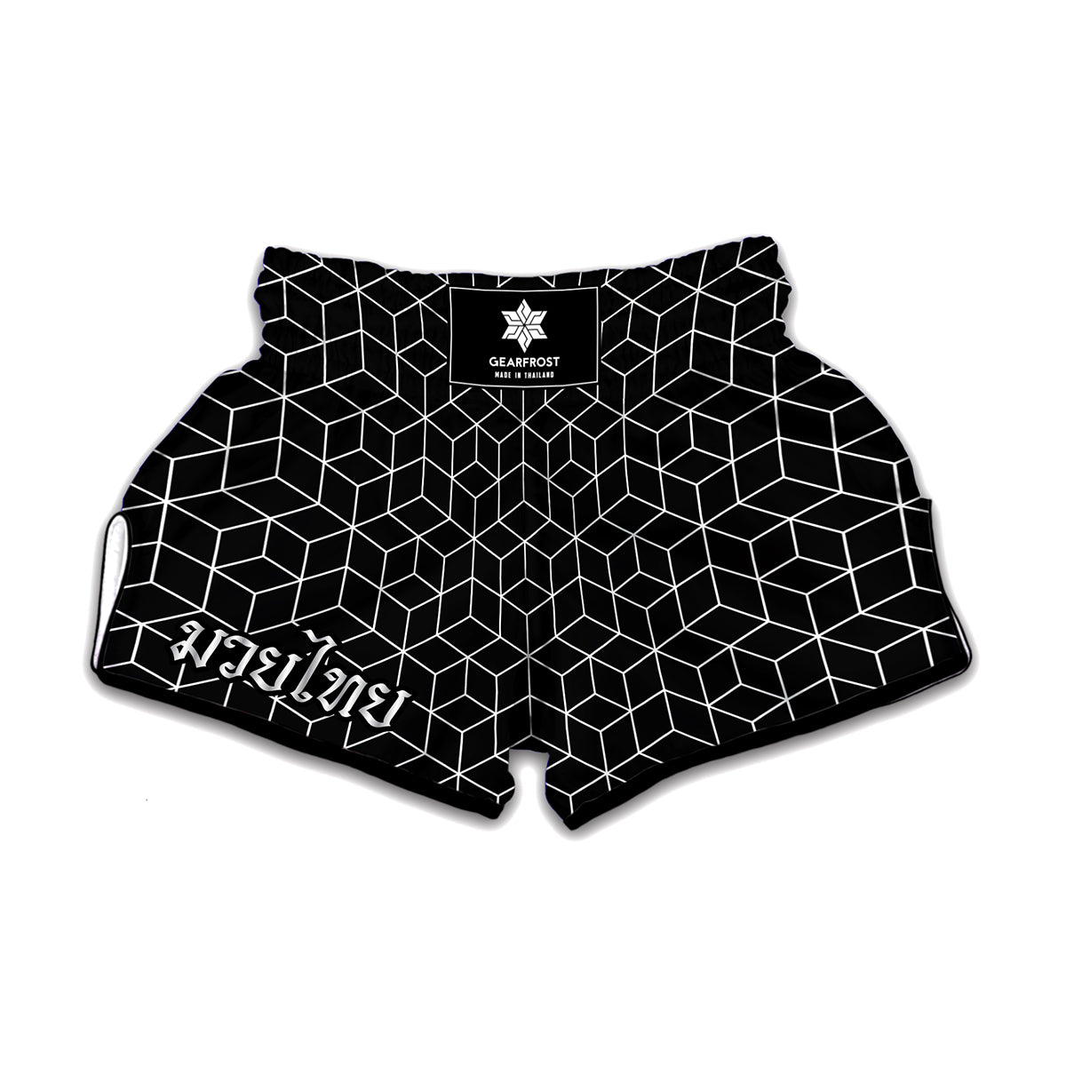 Black Geometric Cube Shape Pattern Print Muay Thai Boxing Shorts