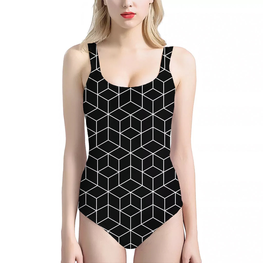 Black Geometric Cube Shape Pattern Print One Piece Halter Neck Swimsuit