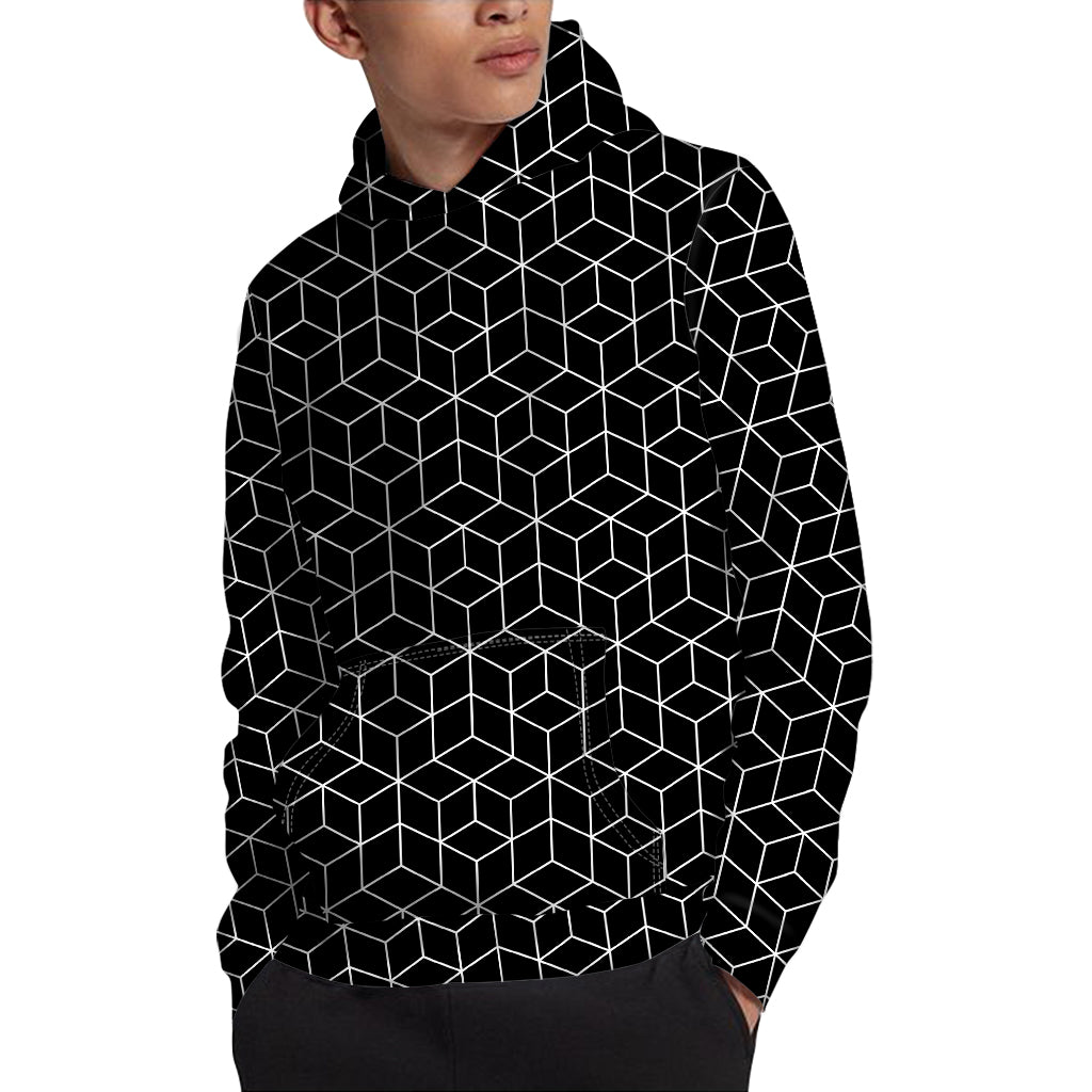 Black Geometric Cube Shape Pattern Print Pullover Hoodie