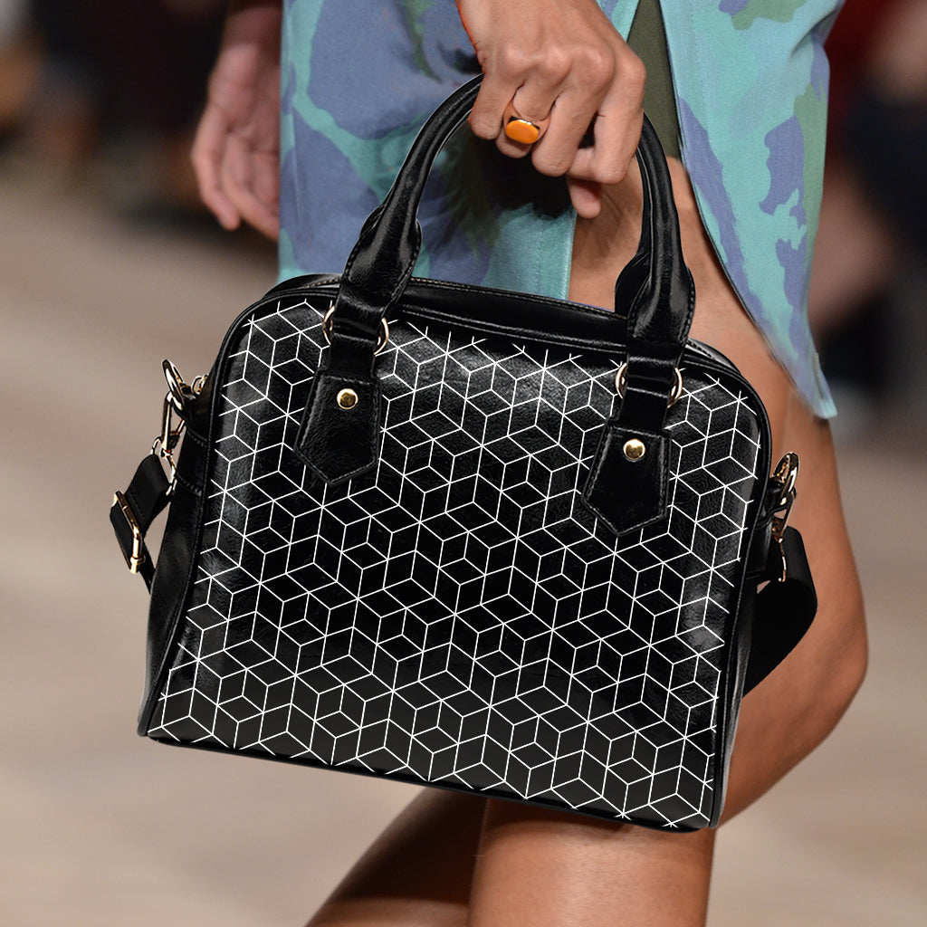 Black Geometric Cube Shape Pattern Print Shoulder Handbag