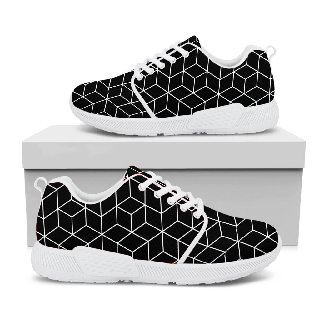 Black Geometric Cube Shape Pattern Print White Athletic Shoes