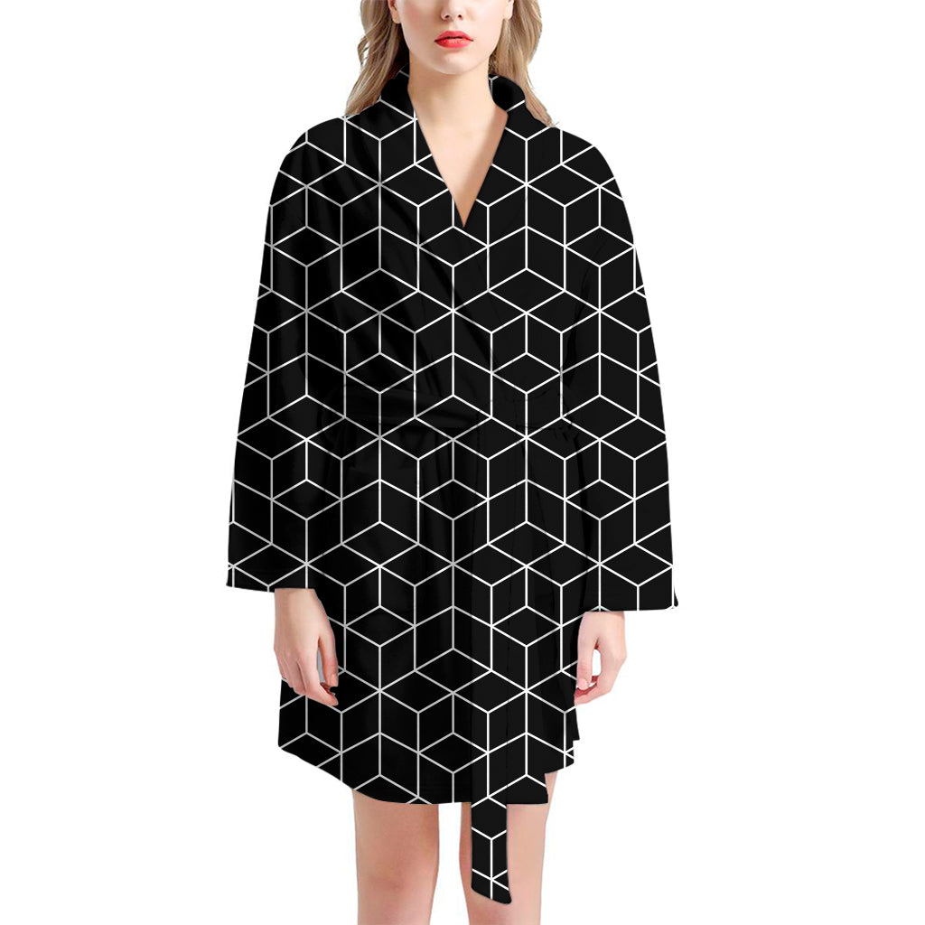 Black Geometric Cube Shape Pattern Print Women's Bathrobe