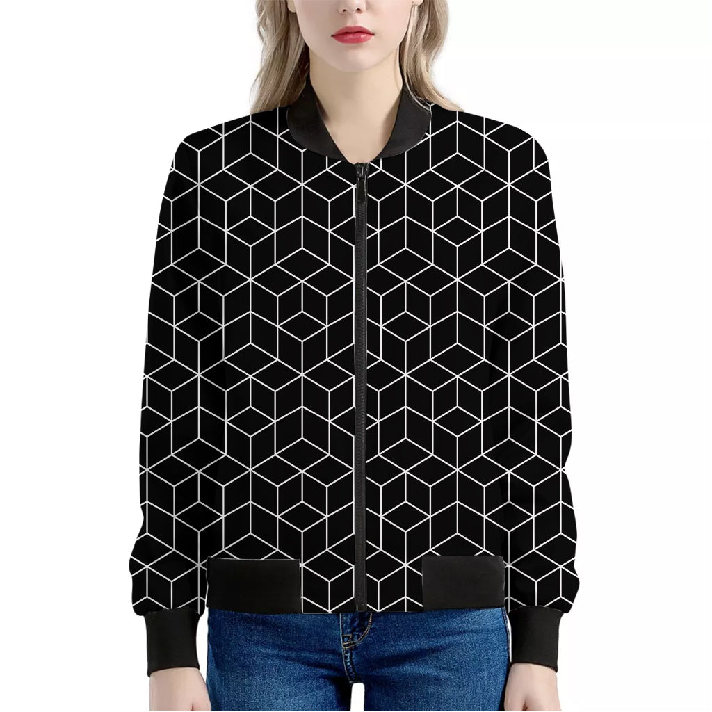 Black Geometric Cube Shape Pattern Print Women's Bomber Jacket