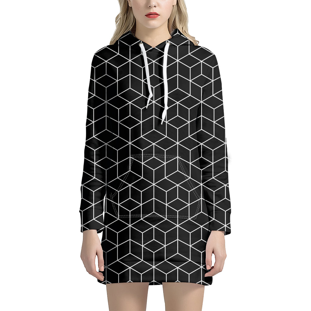 Black Geometric Cube Shape Pattern Print Women's Pullover Hoodie Dress