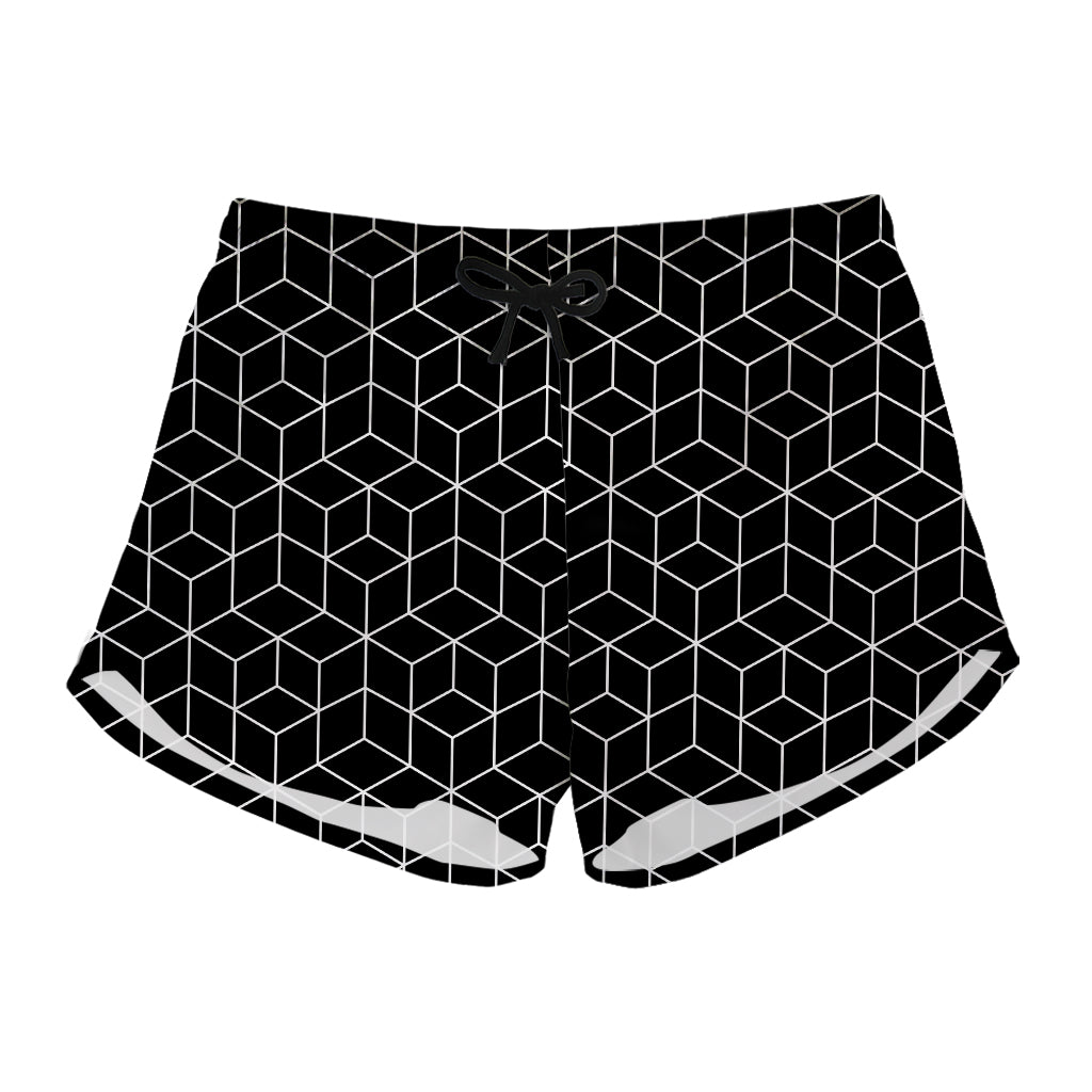 Black Geometric Cube Shape Pattern Print Women's Shorts