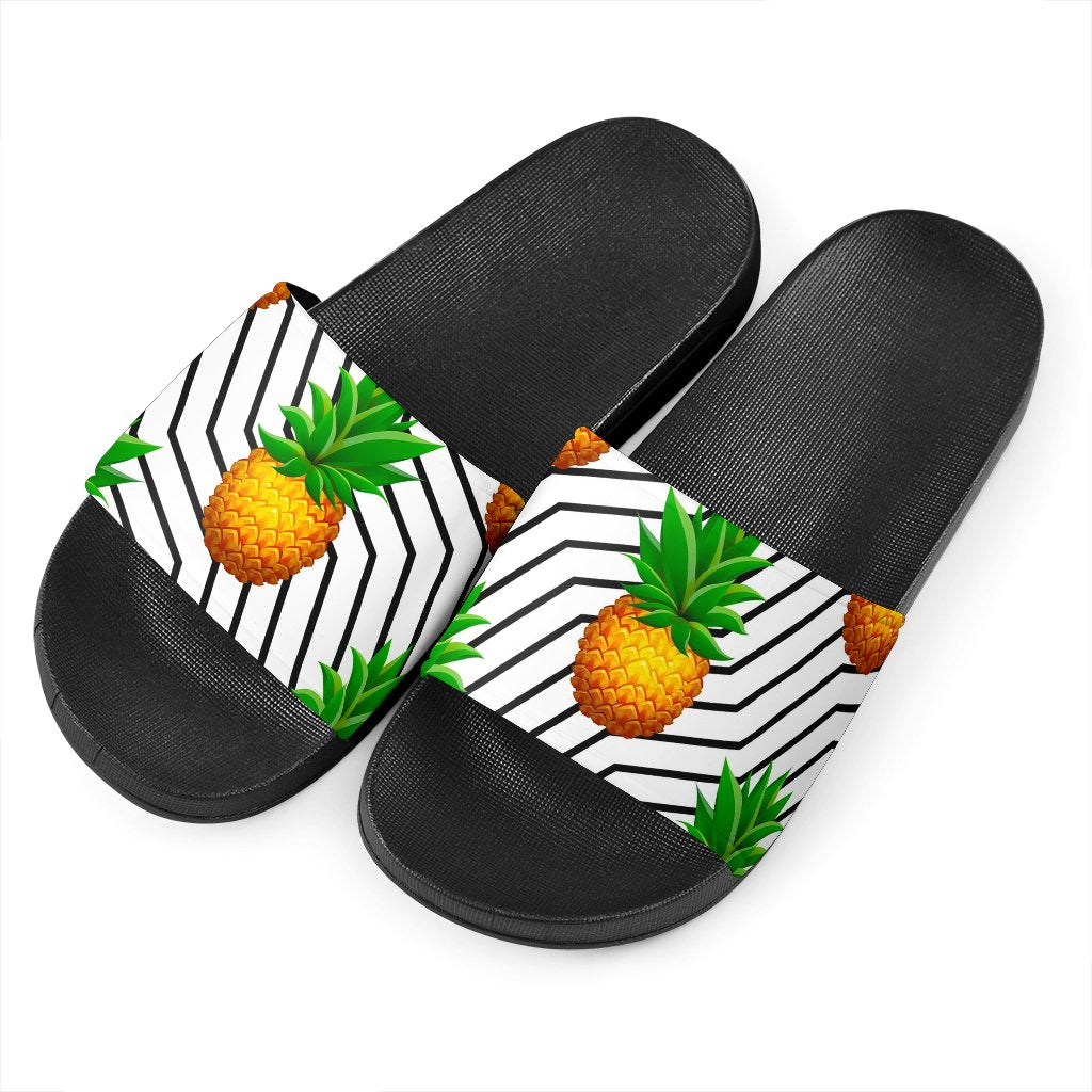 Black Geometric Pineapple Pattern Print Black Slide Sandals