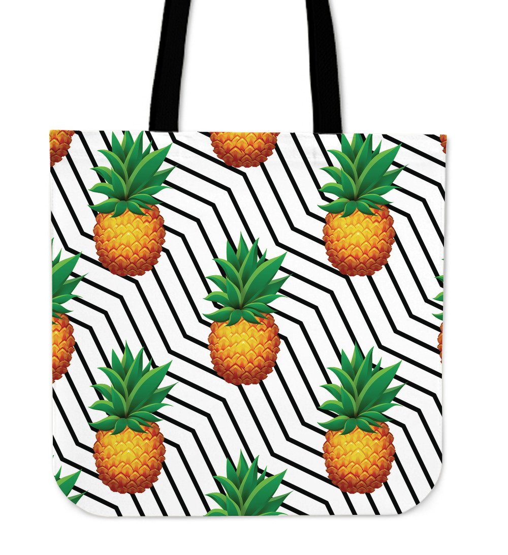 Black Geometric Pineapple Pattern Print Canvas Tote Bag