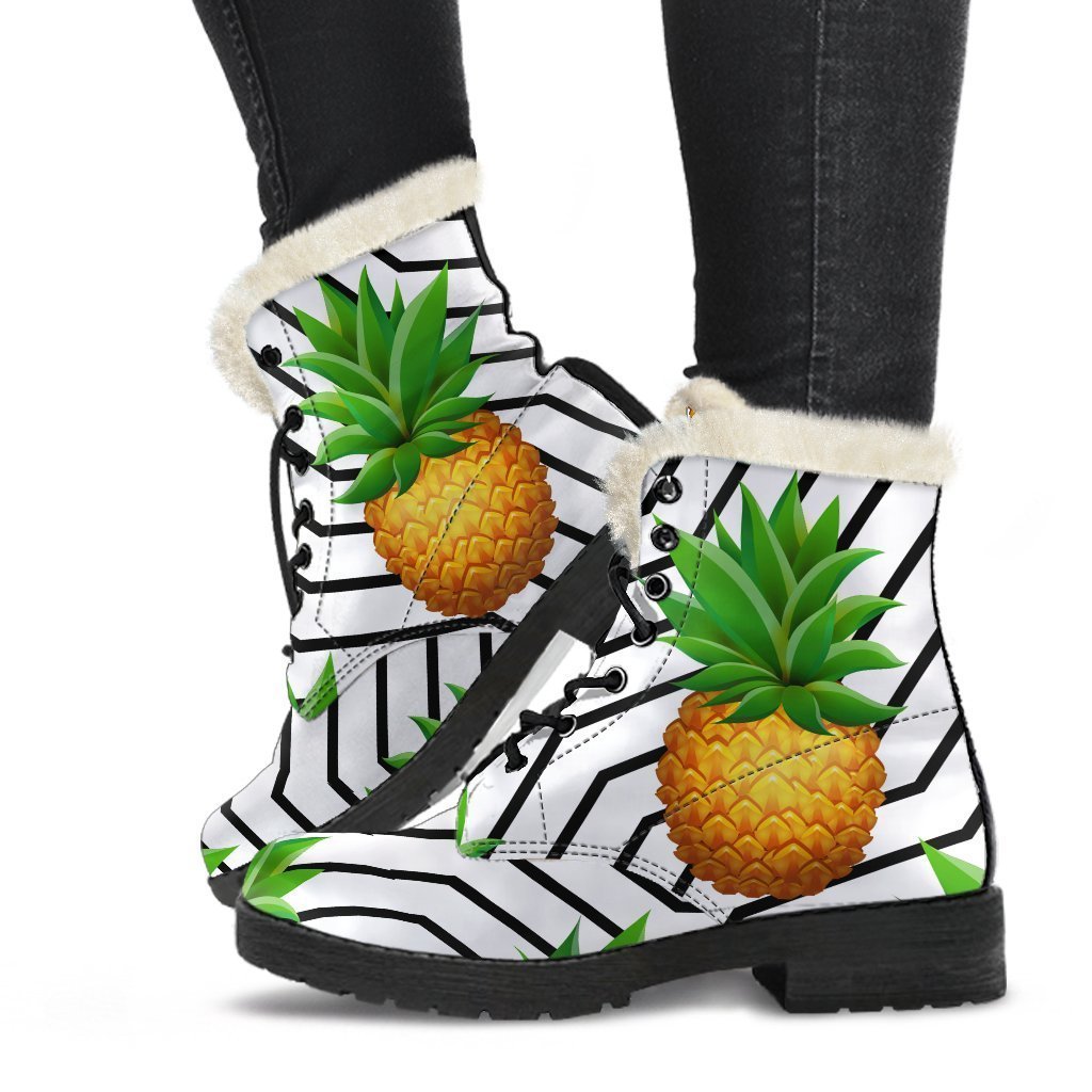 Black Geometric Pineapple Pattern Print Faux Fur Leather Boots