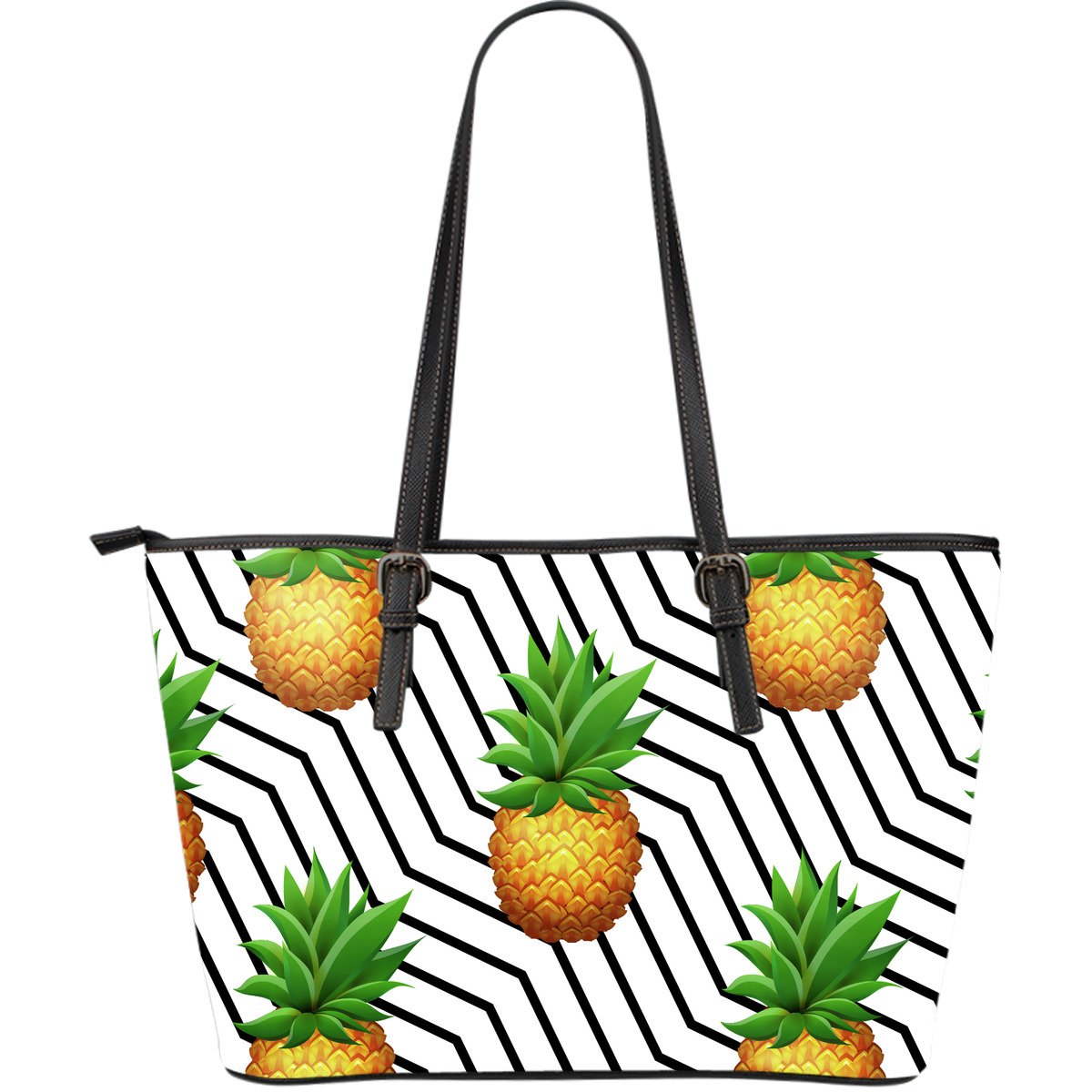 Black Geometric Pineapple Pattern Print Leather Tote Bag